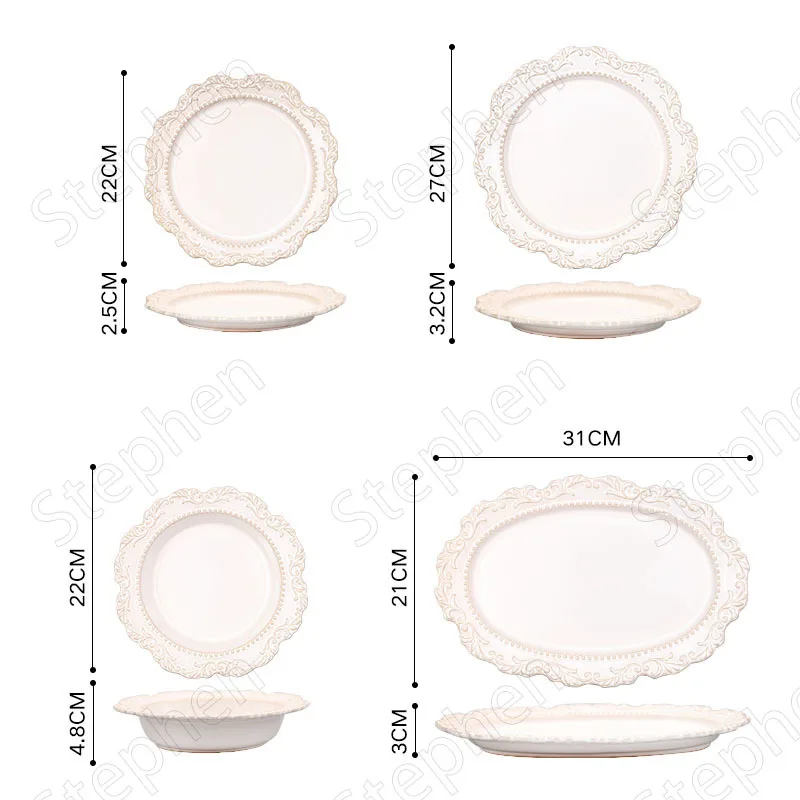 Vintage Relief Ceramic Plates European Classical Lace Embossing Process Steak Pasta Dinner Plate Cake Dishes Household Tableware