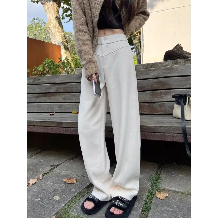 Calças Femininas de Perna Reta e Larga, de Lã, Cintura Alta, Compridas, Casuais, Outono Inverno, Estilo Coreano