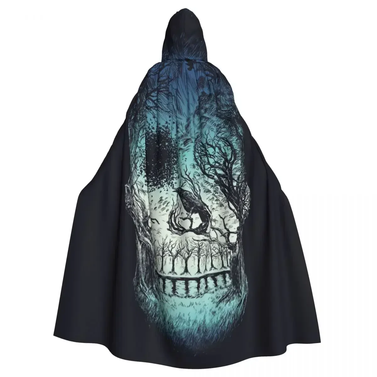 Hooded Cloak Polyester Unisex Witch Cape Costume AccessoryAbstract Skull Trees With Black Crow