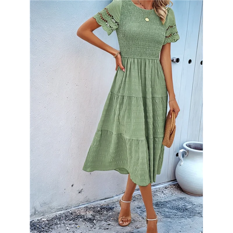 ABRT-robe Maxi découpée à col rond pour femme, couleur unie, élégante, printemps été