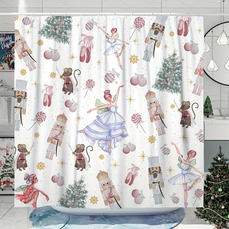 1pc Printed , Waterproof Shower Curtain With 12 Hooks, Nutcracker Christmas Tree Snowflake Ballerina Chr