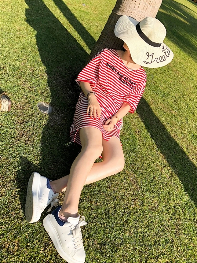 

Casual Cotton Blend Stripe Print T-irt Dr Women's Summer Loose Fit f Sve Letter Print Versatile Mid-Length Dr