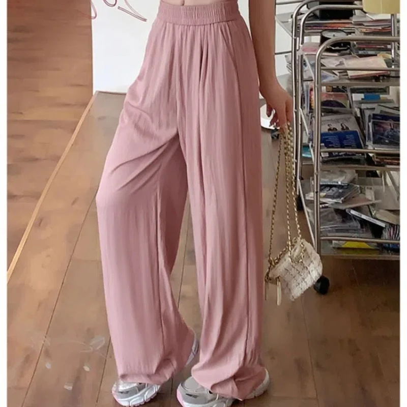 2024 Summer Women's New Splicing Solid Color Straight Leg Wide Leg Elasticized High-waisted Pocket Loose Casual Slimming Pants