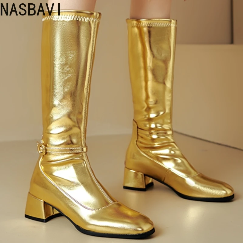 الفاخرة الشتاء حذاء برقبة للركبة الذهب الفضة المرأة أحذية عالية عادية منخفضة الكعب موضة أحذية الحفلات الطويلة سيدة مقاوم للماء
