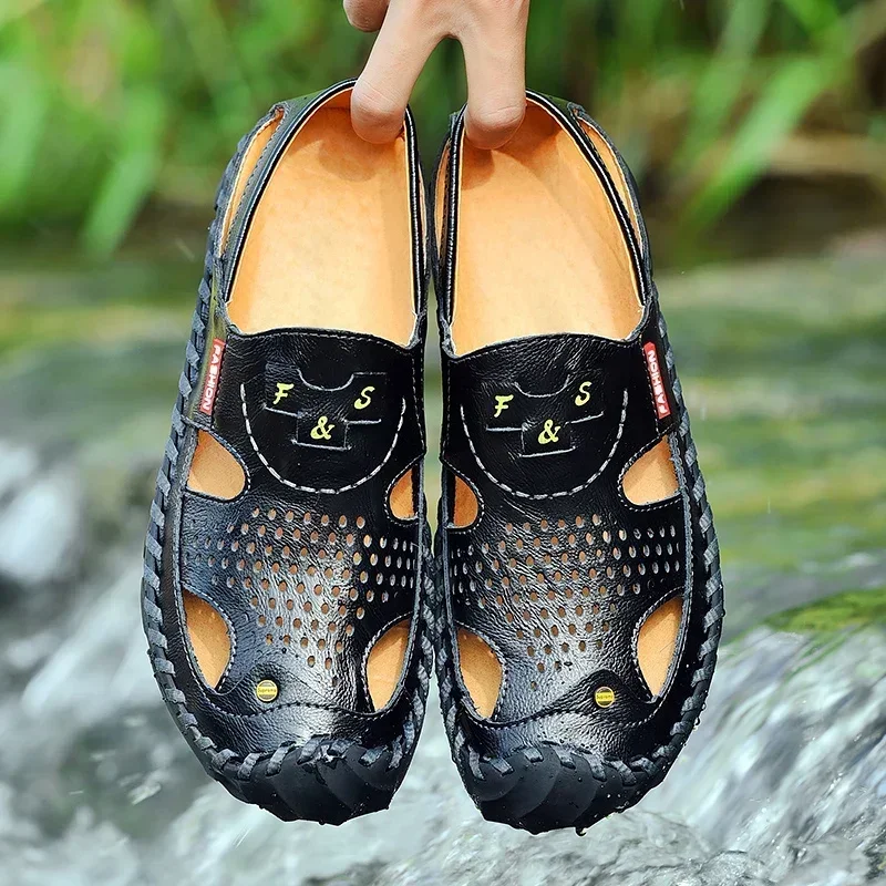 

Сандалии мужские из натуральной кожи, прочные Босоножки ручной работы с прострочкой, закрытым носком, Нескользящие, для дома и улицы, пляжа, 2024