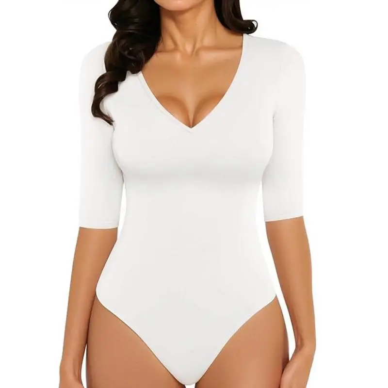 จั๊มสูทผู้หญิงคอวี แขนห้าส่วน เอวต่ำ ผ้าโพลีเอสเตอร์ ใส่ทำงาน ใส่เที่ยว คอลเลคชั่นฤดูร้อน