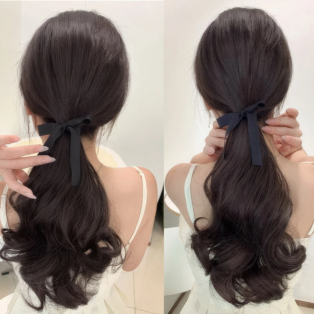 Extensiones de cola de caballo onduladas y rizadas con lazo de pelo envuelto alrededor, Clip sintético en extensiones de cabello, accesorios para el