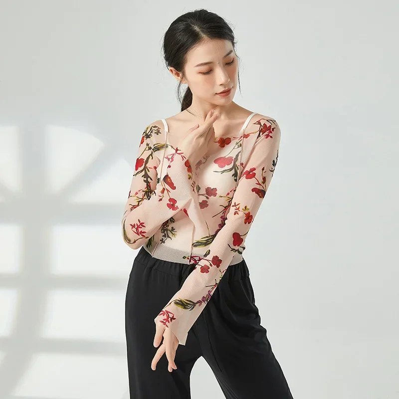 Ballet Top Women Adults Flare Long Sleeve Floral Print Mesh Wrap Ballet Classical Dance Ballet Dance Costumes