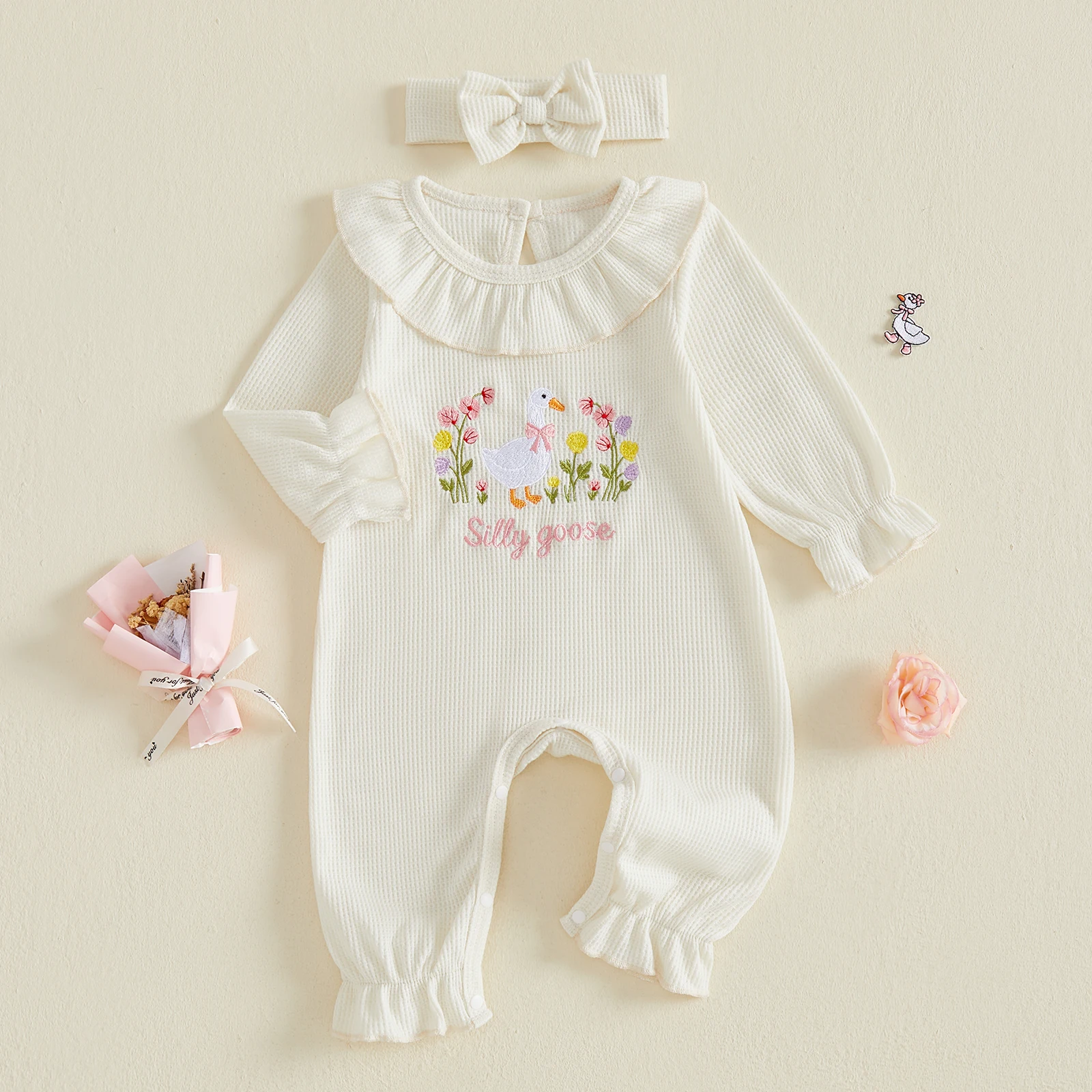 Infant Girl Outfit Long Sleeve Crew Neck Waffle Knit Romper and Headband
