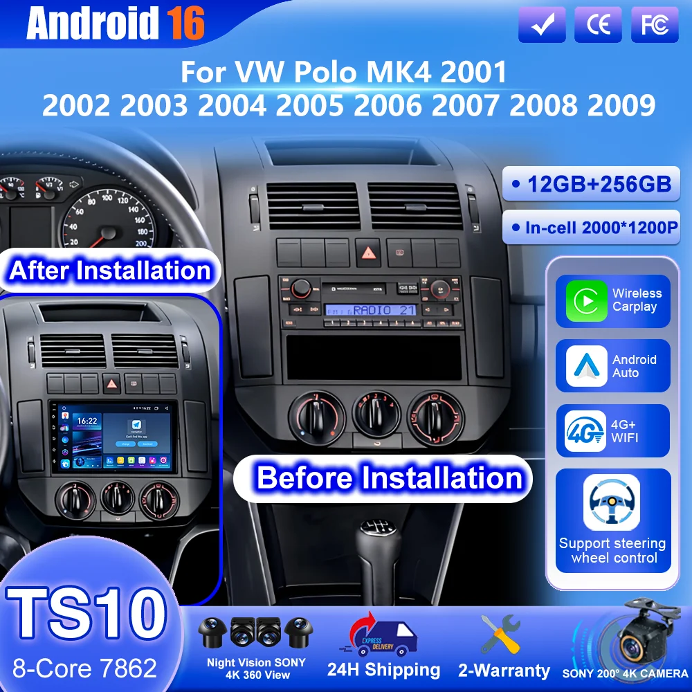 Android 16 Car Radio CarPlay For VW Polo MK4 2001 2002 2003 2004 2005 2006 2007 2008 2009 Auto Multimedia Player GPS Navigation