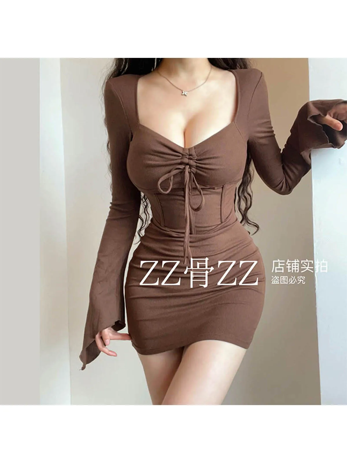 Street Spicy Girl Sweet Cool Style V-neck Strap Horn Sleeve Wrap Hip Sexy Long Sleeve Dress Elegant Sweet Women Tops W7ZW