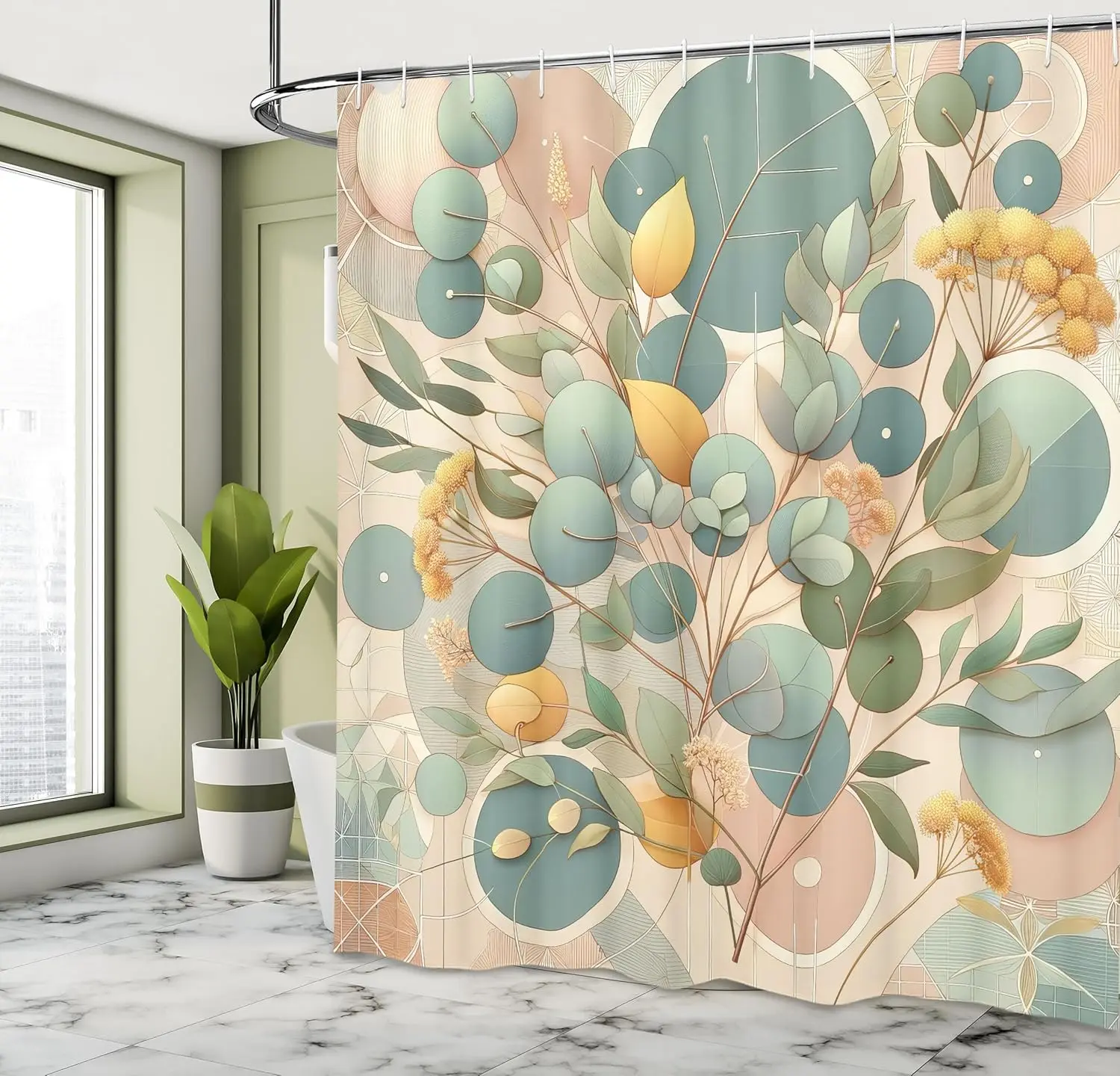 

Занавеска для душа с листьями эвкалипта, пастельный стиль ар-деко ботанических тематических ветвей деревьев, тканевый декор для ванной комнаты