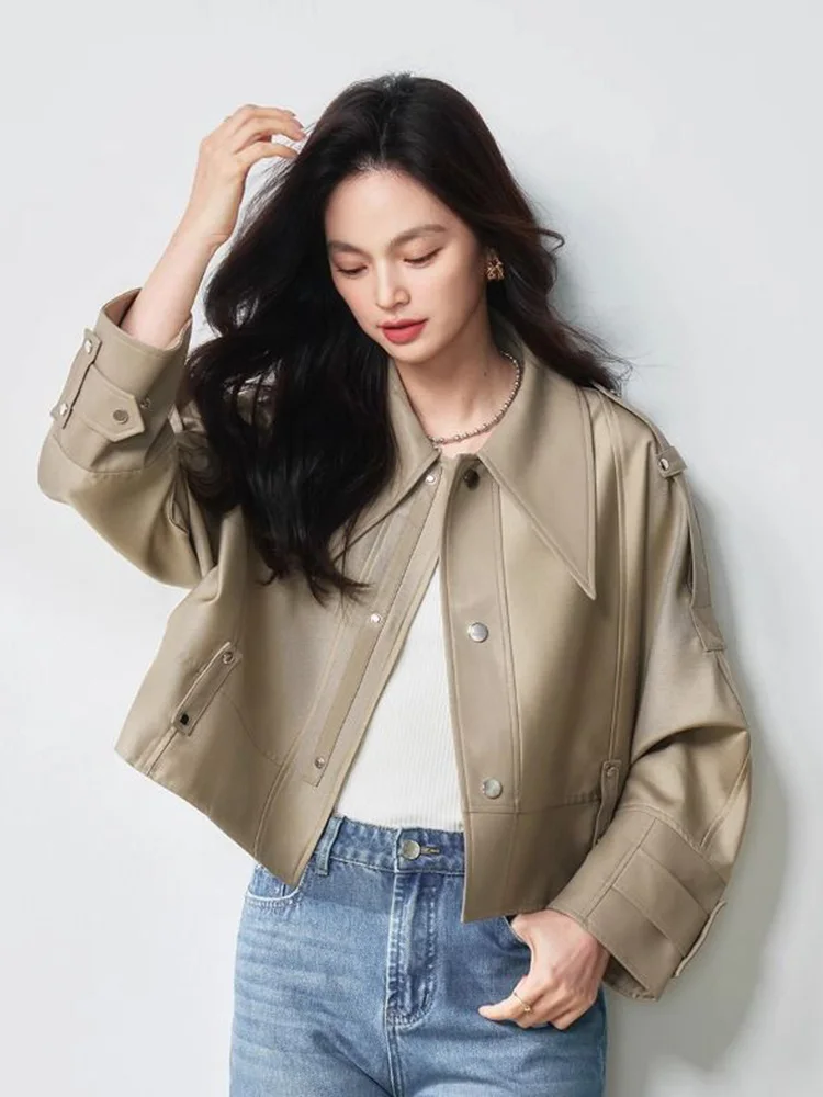 Amerikaanse Biker Retro Pu Jas Vrouwen Slanke Lange Mouw Streetwear Korte Jas Lente Vrouwelijke Vintage Single Breasted Y2K Moto Tops