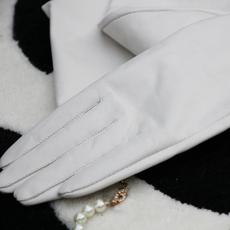 50cm New Genuine Leather White Women's High Grade Party Mittens Sheepskin Lady Winter Velvet long Gloves Creamy Ivory Snow White