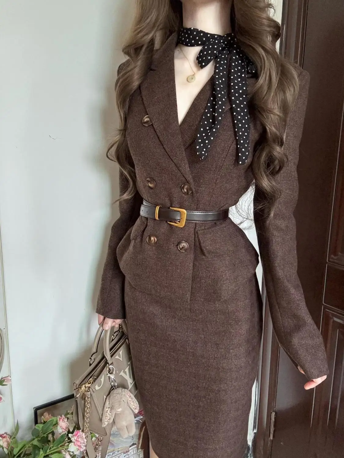 

Early Autumn American Retro Style Hot Girl Two-piece Double-breasted Slim Coat High Waist Hip Skirt Suit
