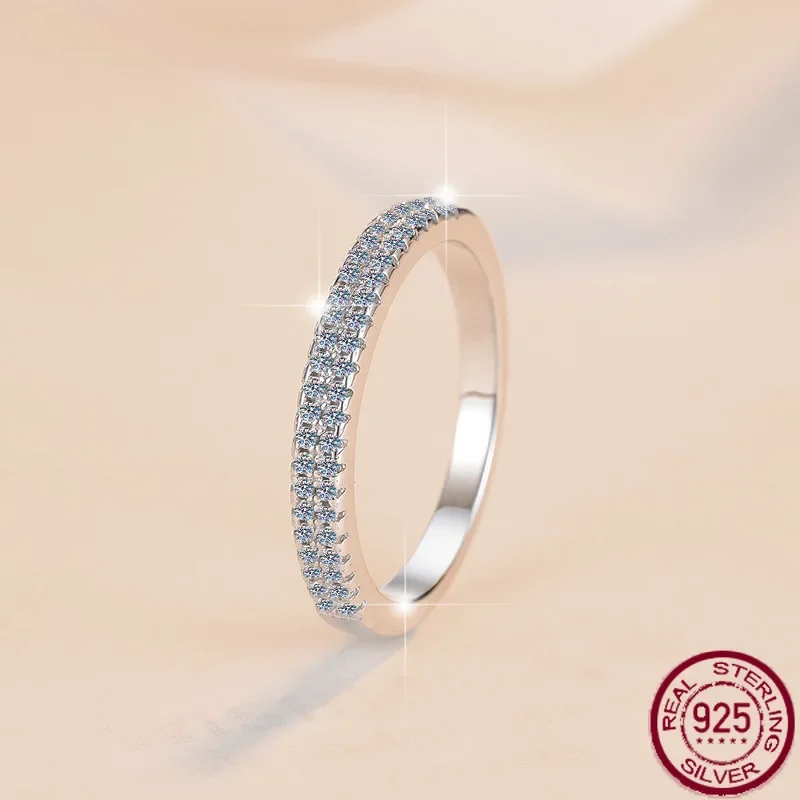 

New S925 sterling silver plated pt950 moissanite one line double row ring, exquisite and high-end, fashionable wedding jewelry