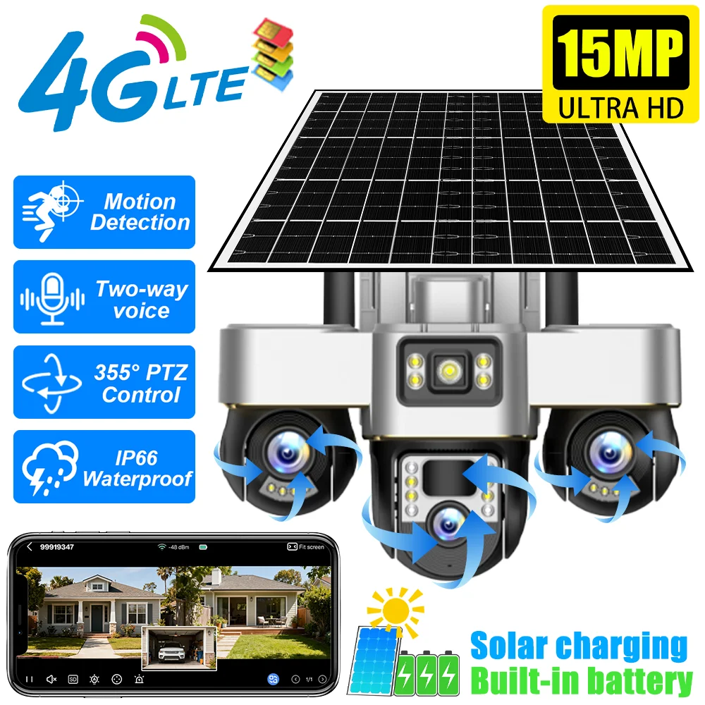 Kamera solarna 4G LTE 15MP HD z potrójnym obiektywem, zewnętrzna, wodoodporna, IP CCTV, z detekcją ruchu PIR, funkcją PTZ i kolorowym trybem nocnym.