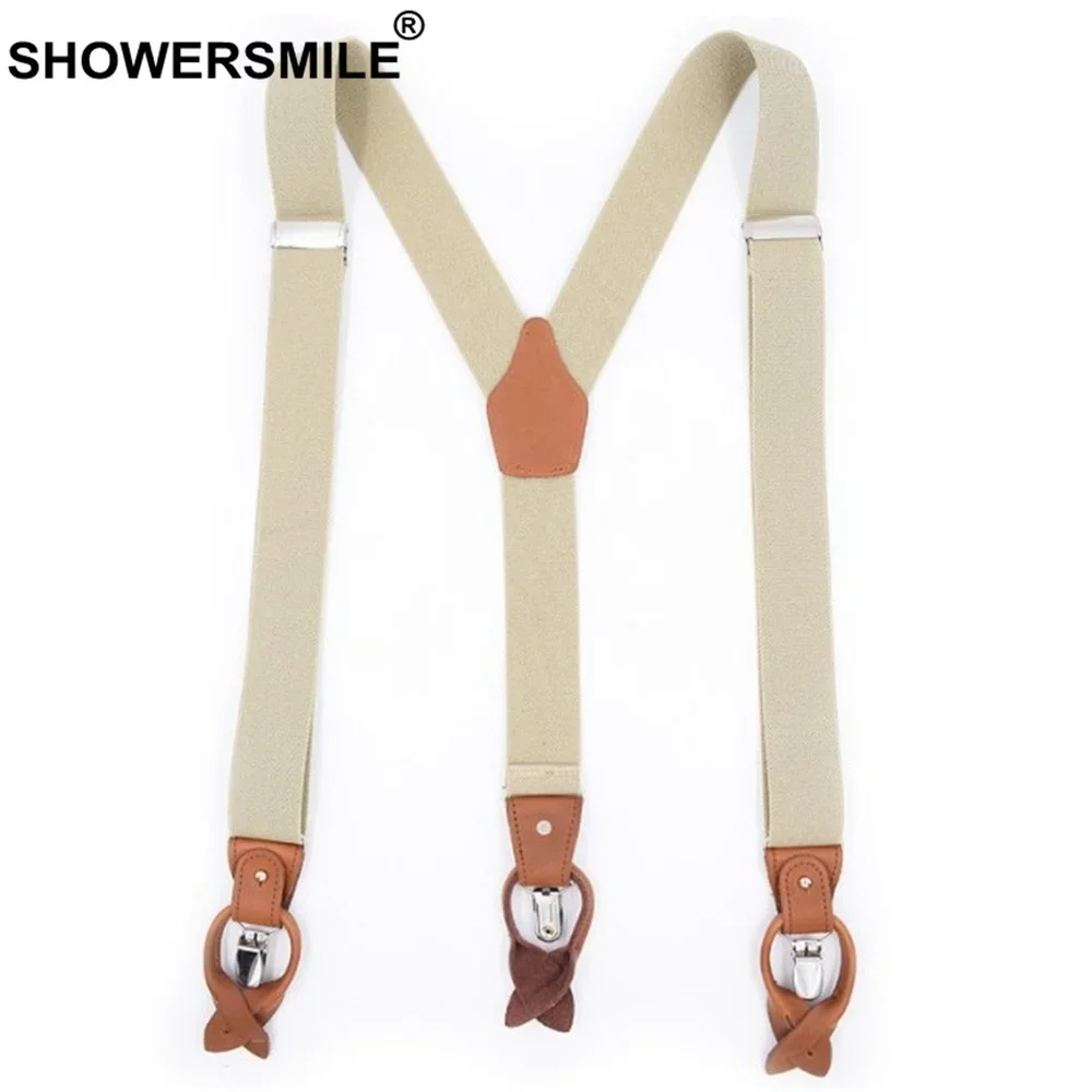 SHOWERSMILE Beige Men Suspenders 6 Clips Button Two-use Solid Black Shirt Braces Leather Elastic Male Wide Suspenders Long 125cm