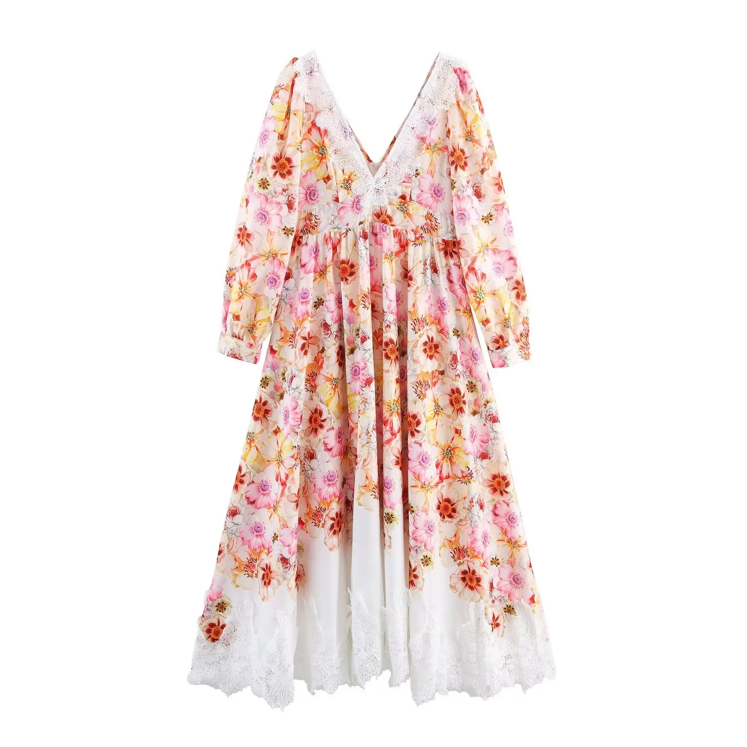 Französisch Sle Gedruckt Lange Dr frauen Faion V-ne Taille-ausgesetzt Floral Spitze Saum Herbst Neue Ankunft Casual Wear