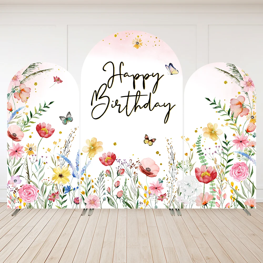 Custom Wildflower Happy Birthday Party Arch Wall Photo Background 2- Sided Flowers Wedding Party Decor Arch Backdrop Cover