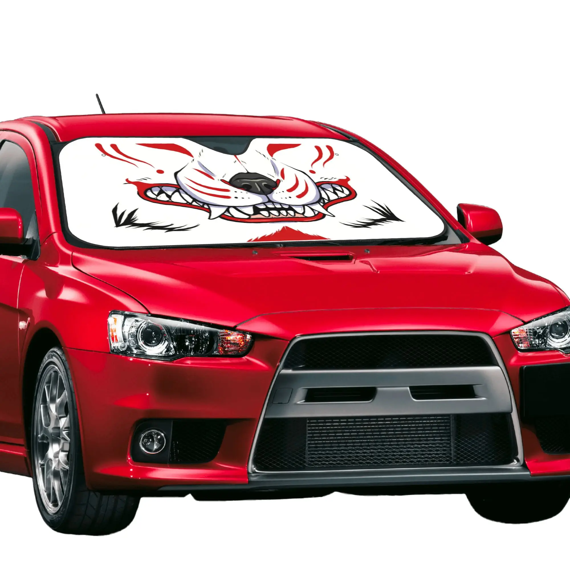 Oni Demon Kitsune Grin Car Front Windshield Sun Visor Heat Insulation Fox Aunumart Japanese Portable Aluminum Foil Auto Visor