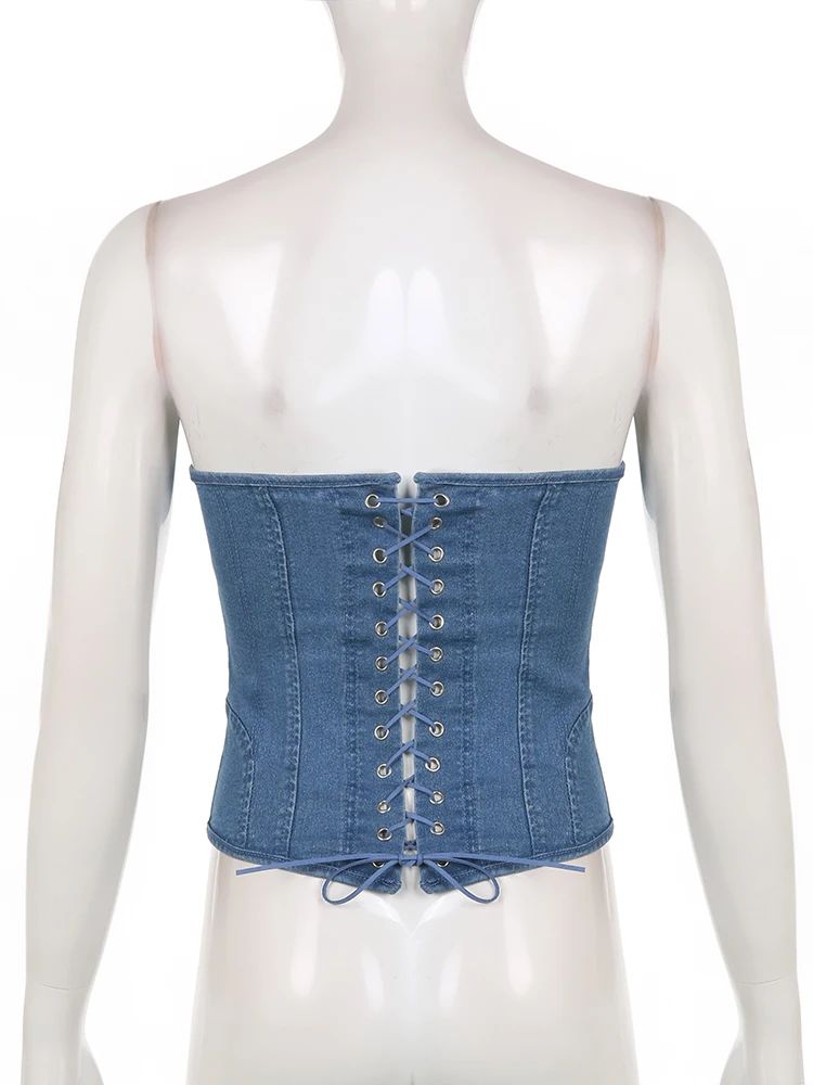 Rockmore Sexy Denim Corset Strapless Crop Tube Top Summer Solid Off Shoulder Bustier Party Sleeveless Tank Tops Women Clubwear