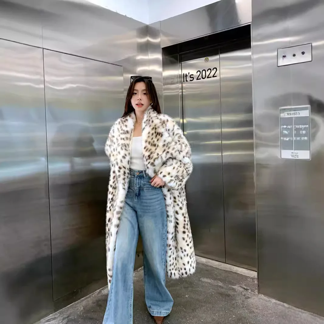 Women's Leopard Print Fur Outwear Stylish Ruffled Collar Collar Lady's Faux Fur Jacket Temperament Long Mink Fur Coat For Female