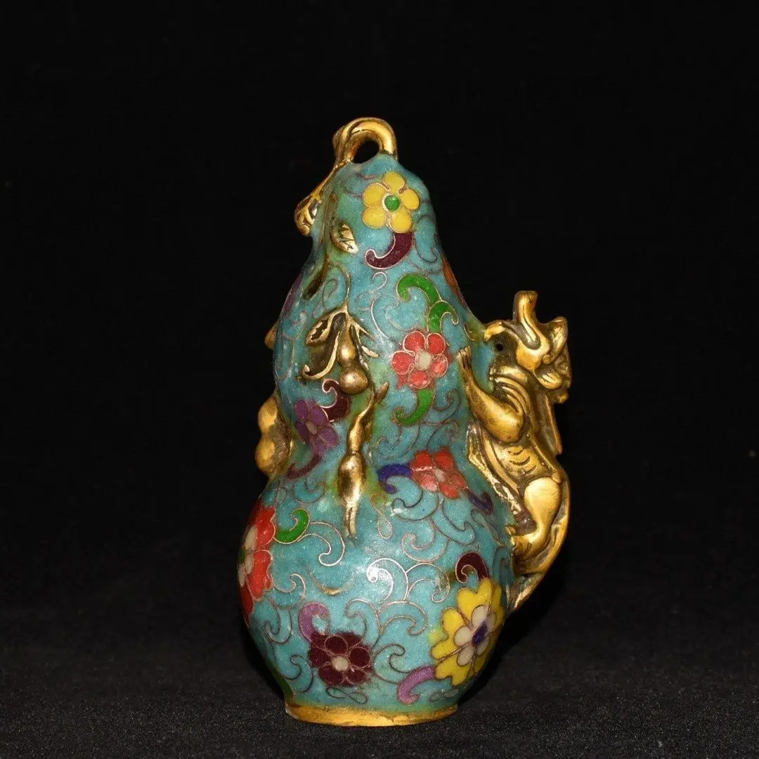 Solid Pure Copper Cloisonne Enamel Gourd Ornament with Animal Sculpture