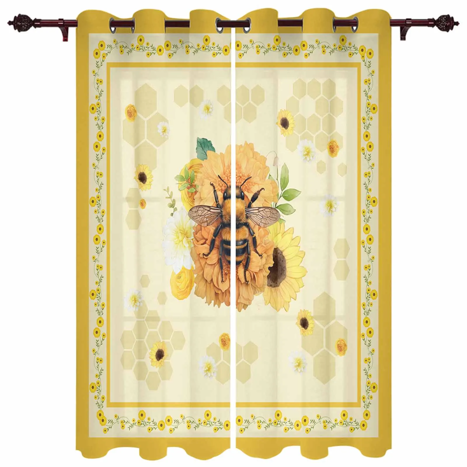 Flower Bee Animal Hive Yellow Window Curtains for Living Room Luxury Bedroom Curtains Coffee Dining Room Drapes