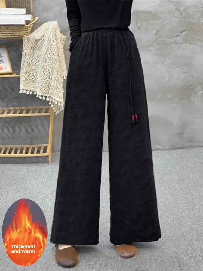 Authentic Vintage Embroidered Cotton Linen Wide Leg Pants Winter Elastic Waist Loose Versatile Long Trousers High Waist Strai...