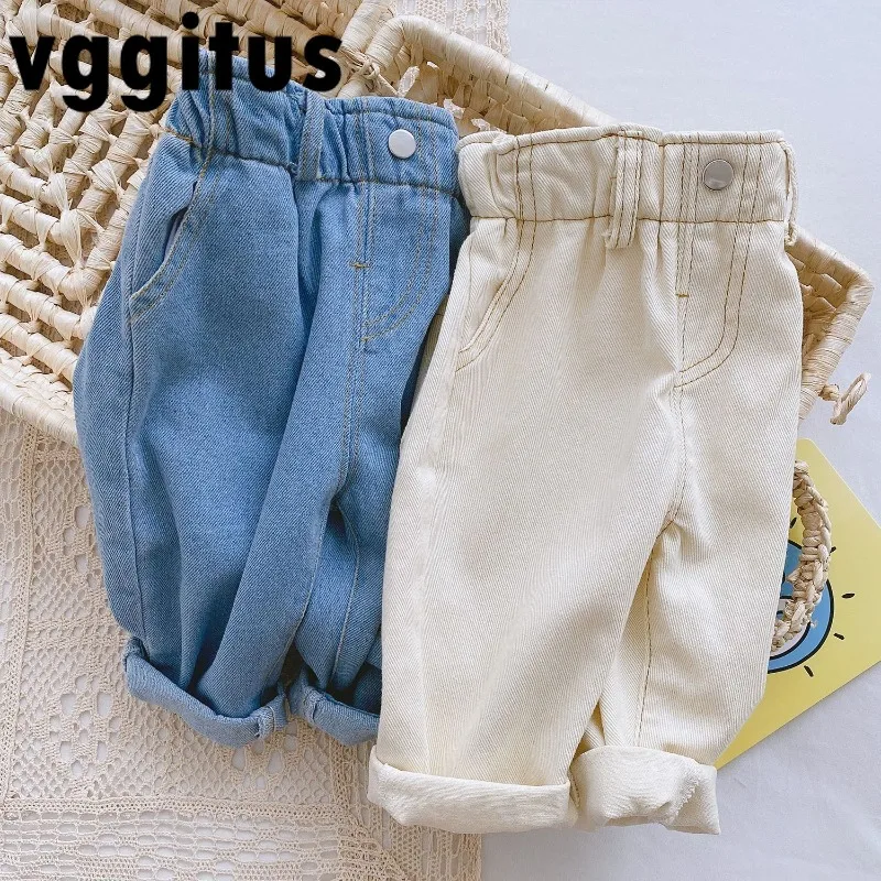 2025 pantalones vaqueros de estilo coreano para niñas primavera otoño Color sólido cintura alta elástica Casual pierna ancha Casual pantalones vaqueros H148