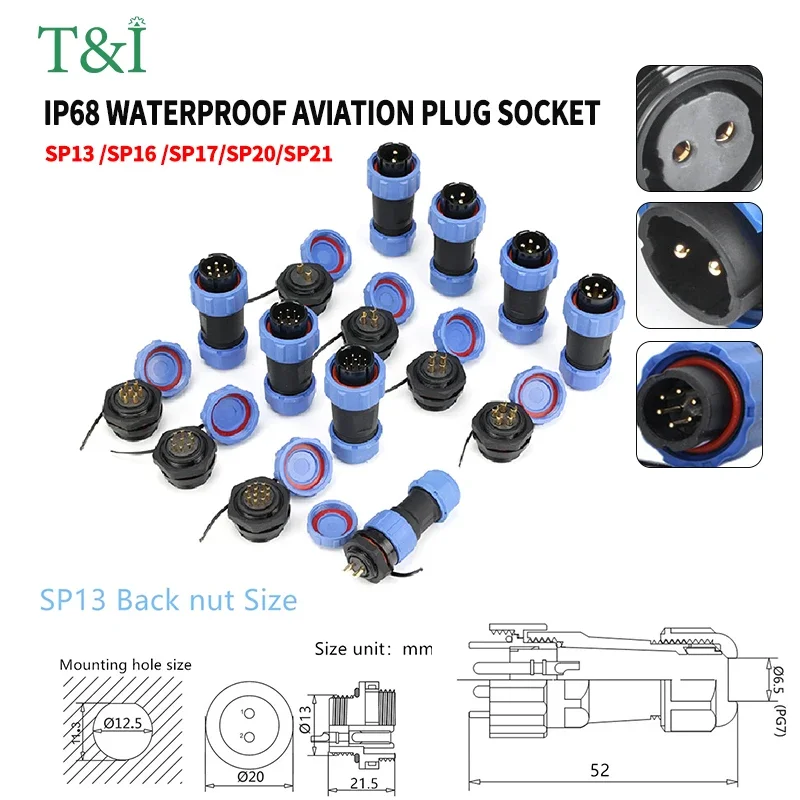 5/10/100 Sets Sp13 Sp16/SP17 Sp20/SP21 Ip68 Waterproof Aviation Plug Socket Male Female Connector Panel Mounted 2/3/4/5/6/7 Pin