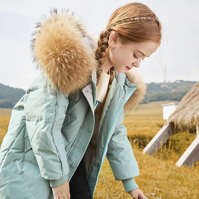 RAISE Russian Winter Down Jacket For Children Girls Faux Fur Hooded Outerwear For Teens Girls 5-14 Years Kids Girl Puffer Jacket