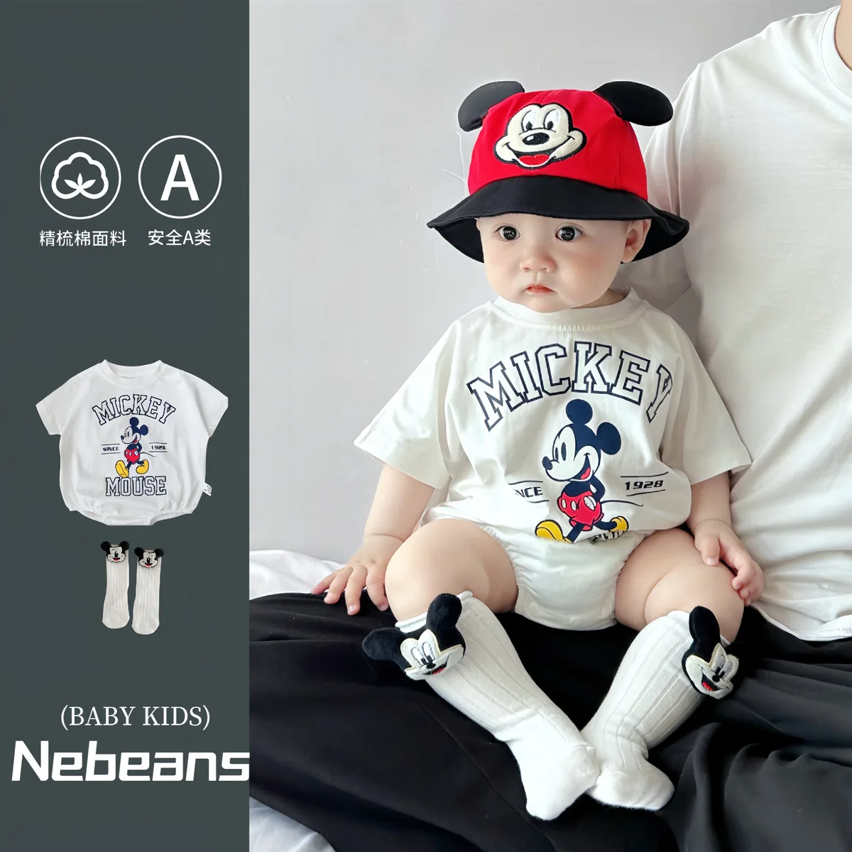 

Disney Newborn Baby Boy Girl Short Sleeve Romper Sock Hat 3PCS Clothes Set Cartoon Mickey Minnie Jumpsuit Cotton Infant Bodysuit