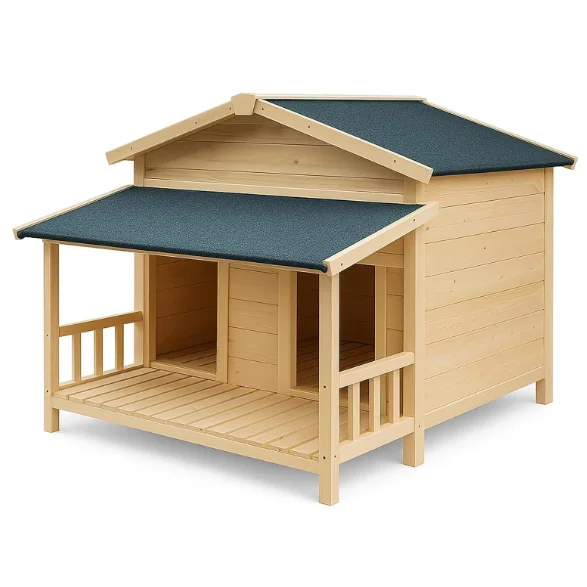 

Large Outdoor Wooden Dog House Weatherproof Double Kennel with Asphalt Roof Covered Porch