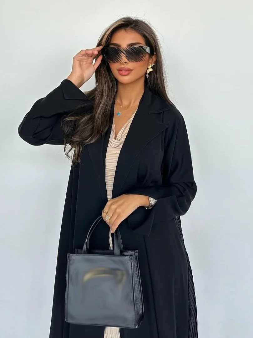Eid Women Abaya Black Pleated Cardigan Lapel Muslim Party Dress Caftan Jalabiya Ramadan Abayas Vestidos Largos Kaftan Arab Robe