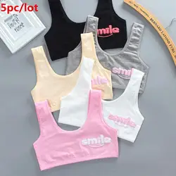 5pc/lot Girl Racerback Cotton Sport Training Bra Letter Print Solid Color Wide Strap Underwear 7-14Years