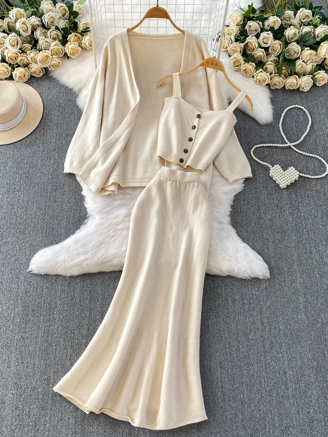 

Повседневный вязаный открытый кардиган, пальто с ремешком на пуговицах, юбка-миди с хвостом, комплект из футболки, осенне-зимний ансамбль Faion...