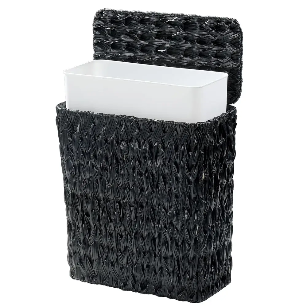 

Black Wicker Trash Can with Lid and Liner,Waterproof Narrow Waste Basket for Bathroom,Bedroom,Office,3 Gallon