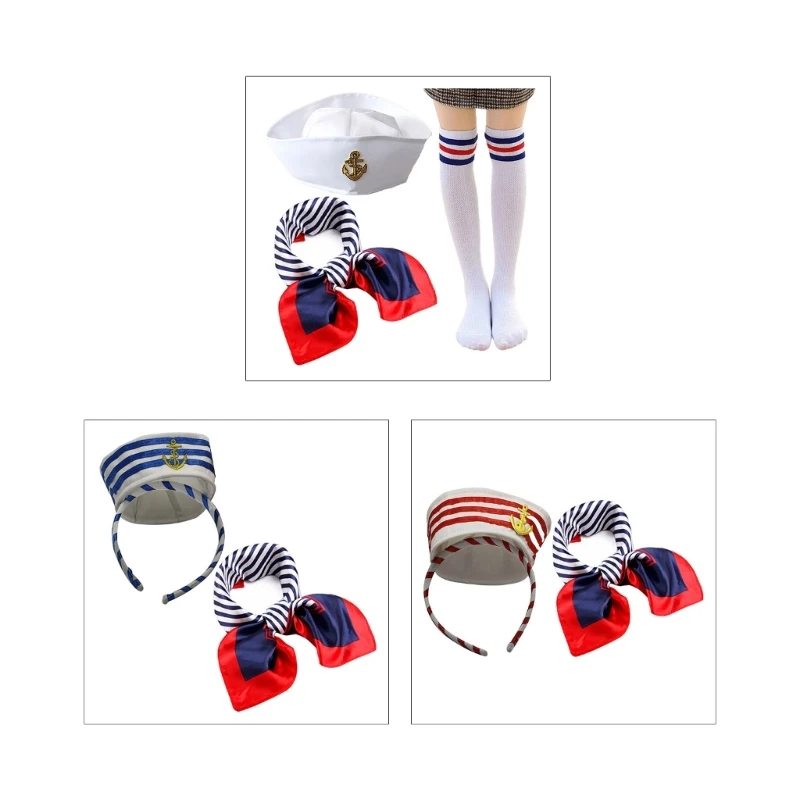 Sailor Hat Adult Halloween Sailor Hats & Stockings & Stripe Scarf Set Teenagers Male Woman Halloween Cosplay Costume