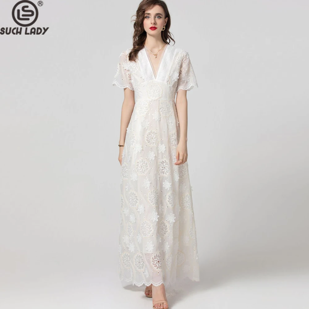 

Women's Dresses Sexy V Neck Short Sleeves Embroidery Elegant Fashion Causal Long Vestidos