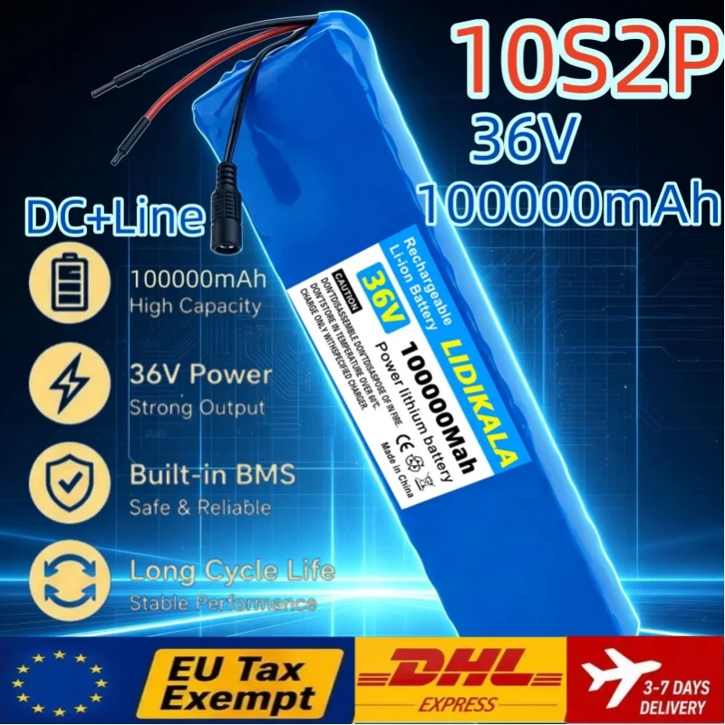 10S2P 36V 100000mAh Lithium-Ionen-Akku mit integriertem BMS-Kabel + DC-Stecker mit 42V 2A Ladegerät für E-Bike, Scooter, Elektrofahrrad, Rollstuhl