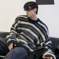 Autumn and Winter Fashion Trend Simple Lazy Loose Knit Small Design Black and White Striped Mohair Round Neck Sweater for Men