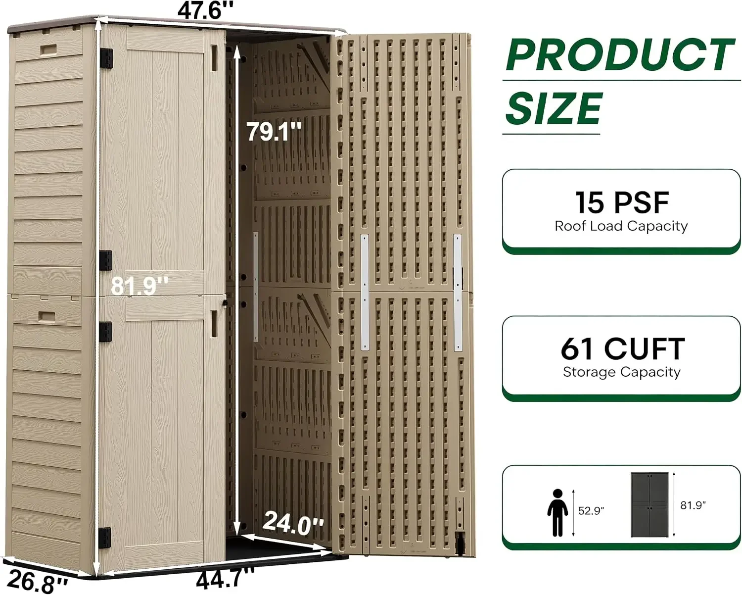US Shipping Brand new Tall Vertical Outdoor Storage Shed, 61 Cu Ft Waterproof Resin Storage Cabinet with Floor, All-Weather Gard