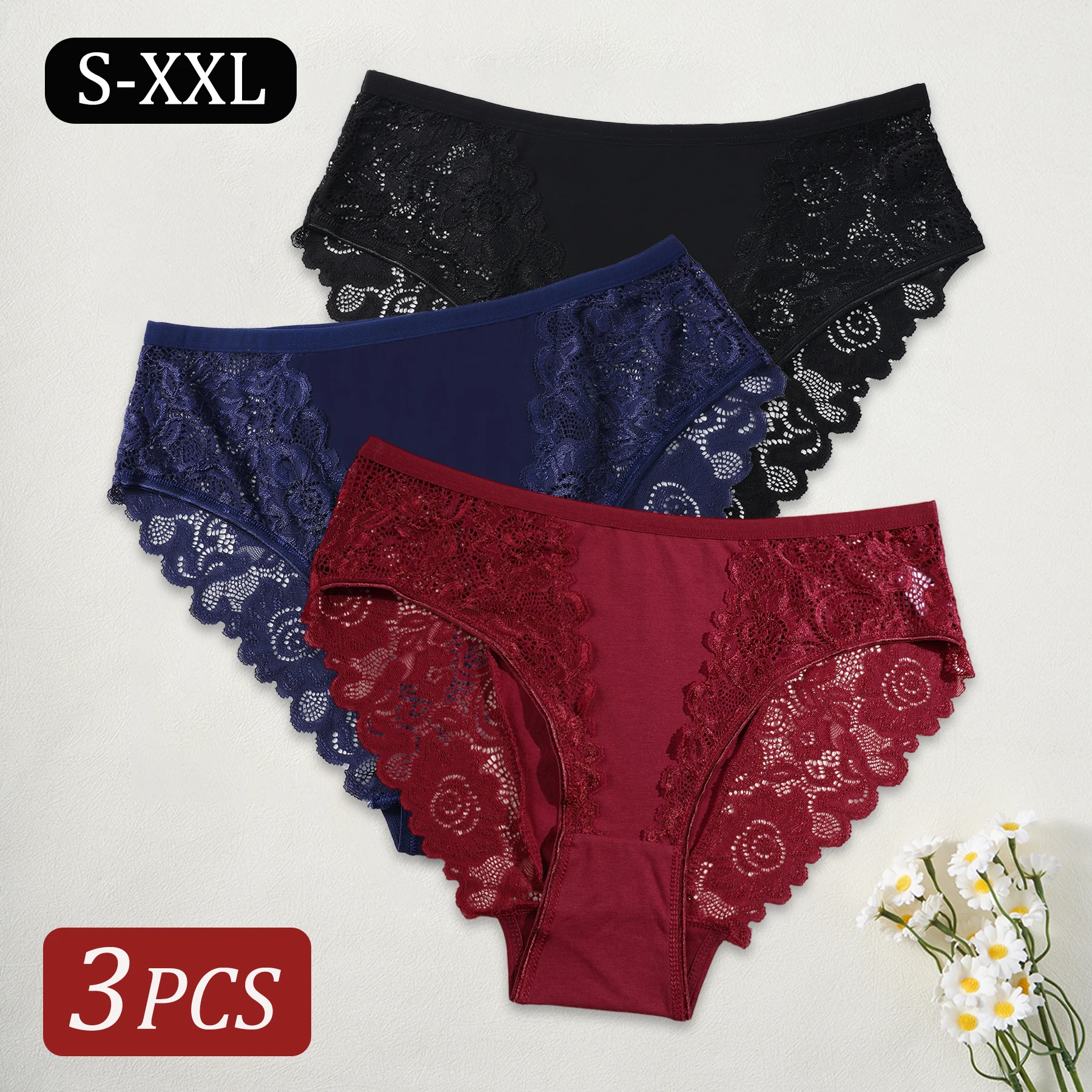 

3 шт., элегантное женское нижнее белье с кружевной отделкой, сексуальные трусы с кружевным принтом, удобные дышащие трусики со средней талией, женские трусики