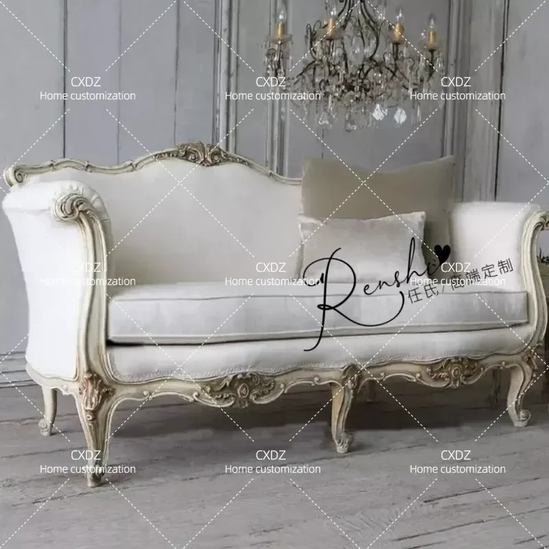 American Style Solid Wood Carved Fabric Sofa Double Triple Seater Light Luxury Living Room Furniture for Villa Small