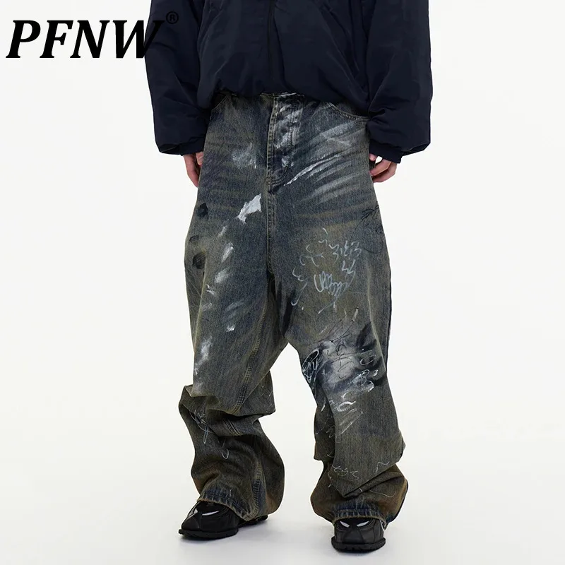 PFNW Niche Style Men's Jeans Graffiti Hand-painted Splash-ink Washed Worn-out Bottom Wide Leg Male Denim Pants Autumn 12C512