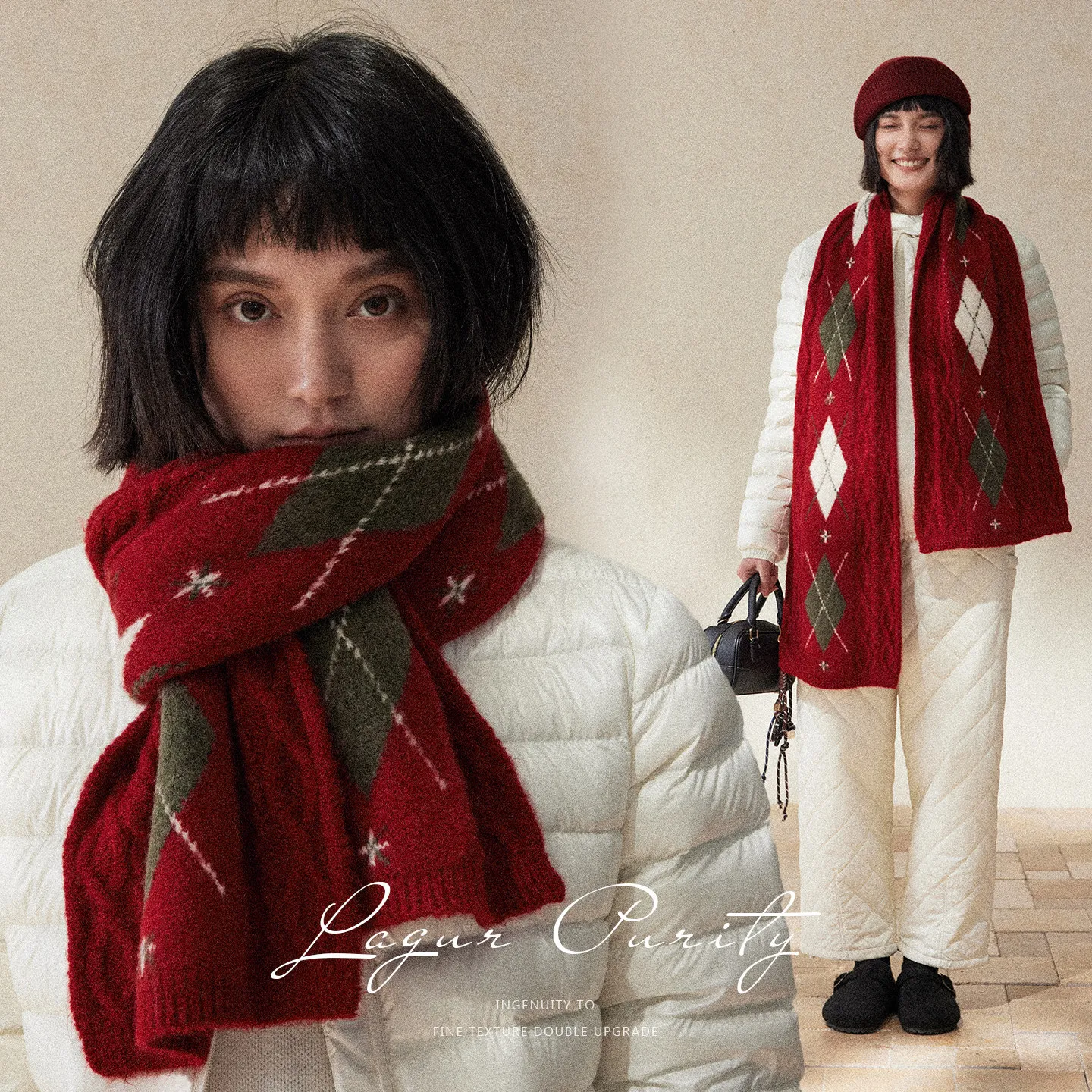 Vintage Diamond Plaid Wool Scarf for Women – Preppy Retro, Warm Thick Knit, Red/Green, 60% Acrylic+7% Wool, Winter Essential