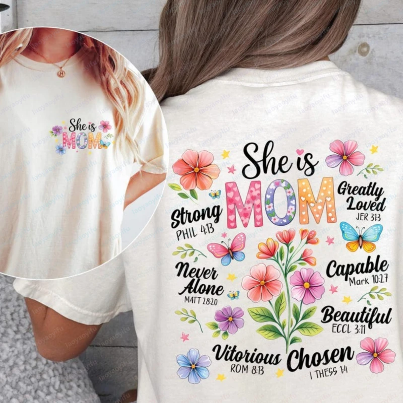 Blessed Mother's Day Cotton T-Shirt Colorful Flower Butterfly Religious Print Casual Tops Trend Classic Summer Clothes for Women