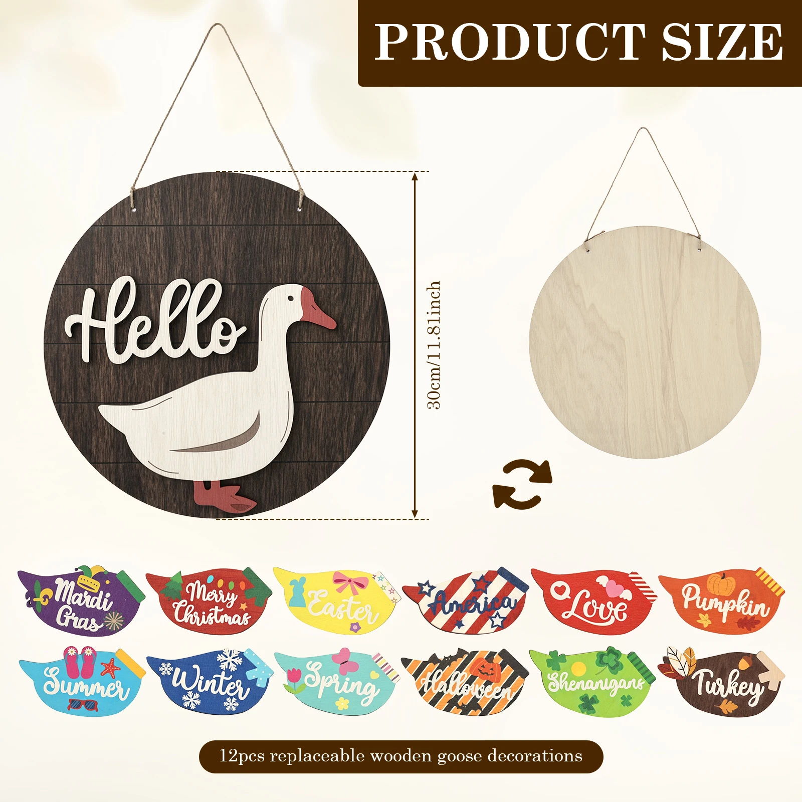 11.8Inch Interchangeable Wooden Goose Decor Decorative Holiday Seasonal Welcome Changeable Hello Geese Signs for Front Door Home